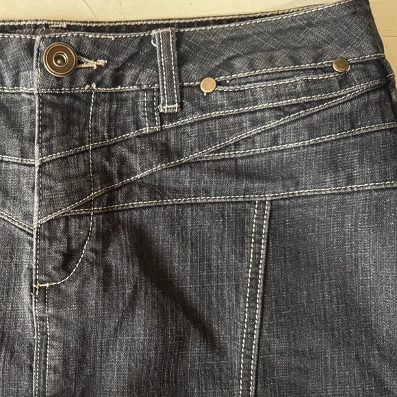 Vintage 1980 MOTTO black denim midi skirt trumpet flounce fit-n-flare women’s 12 - Picture 10 of 15